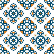 Blue And Orange Seamless Pattern. Ornament, Traditional, Ethnic, Arabic, Turkish, Indian Motifs. Great For Fabric And Textile, Wallpaper, Packaging Or Any Desired Idea. 