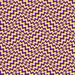 Wall Mural - Optical illusion seamless pattern. Moving repeatable texture of purple and golden winding stripes.