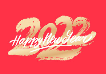 Wall Mural - 2022, happy new year. vector golden foil handwritten lettering greeting card.