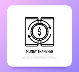 Mobile money transfer thin line icon: transaction between two smartphones. Modern vector illustration.