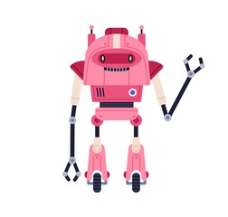 Aufkleber - Cute childish robot toy. Funny childrens bot with happy face, gesturing hi. Portrait of humanoid cyborg machine on wheels. Colored flat cartoon vector illustration isolated on white background