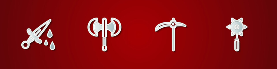 Sticker - Set Sword with blood, Medieval poleaxe, Pickaxe and chained mace ball icon. Vector