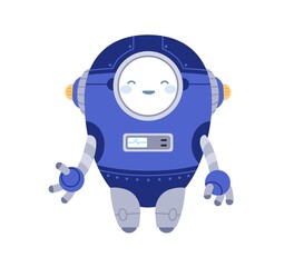 Aufkleber - Cute funny robot smiling. Childish bot toy with happy face. Adorable little humanoid cyborg machine. Kids futuristic mechanism. Colored flat cartoon vector illustration isolated on white background