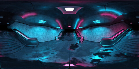 Wall Mural - Hdri of realistic underground subway stationbBackground with wet floors. Futuristic metro interior with blue and pink glowing neon lights and escalators. 3D Rendering