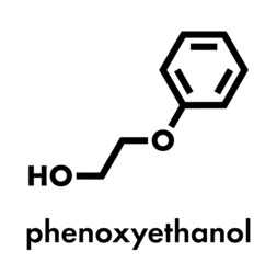 Poster - Phenoxyethanol preservative molecule. Used in cosmetics, vaccines, drugs, etc. Skeletal formula.