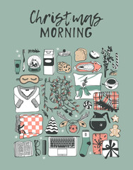  Hand drawn pattern with Christmas Morning objects.Vector Celebration Illustration. Creative artwork. Winter set of decoration. Doodle Holidays background with pajamas, pillow, plaid, coffee, breakfast