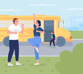 Poster - Parent send child to school flat color vector illustration. Happy young parents sending child to preschool. Wife and husband enjoy freedom. Family 2D cartoon characters with landscape on background