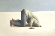 Illustration Of Man Burying Head Under The Ground, Surreal Fear And Shame Concept