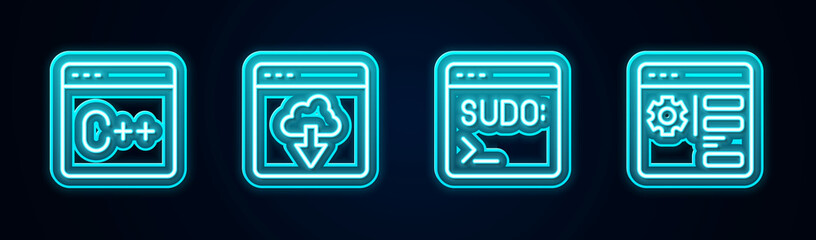 Set line Software, Cloud technology data transfer, Code terminal and Browser setting. Glowing neon icon. Vector
