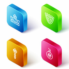 Wall Mural - Set Isometric line King crown, Shield, Magic wand and Bomb ready to explode icon. Vector