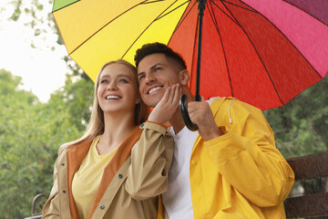 Wall Mural - Lovely couple with umbrella under rain in park