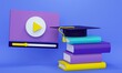 Video player with books and a graduate cap on a blue background. Distance learning concept. 3d rendering