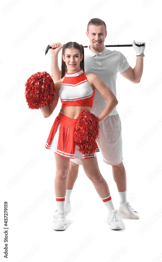 Cheerleader and golfer on white background