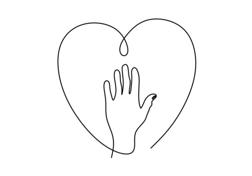 Continuous single line drawing of opened hand with heart shaped line art around. charity day concept isolated on white background.