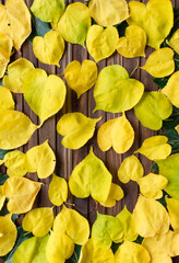 Poster - Yellow leaves on a wooden background. Golden autumn, background, top view.	