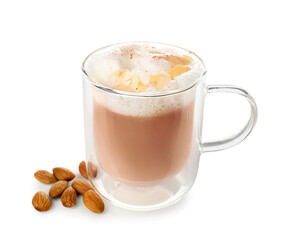 Glass cup of tasty almond latte on white background