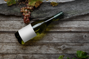 Wall Mural - Bottle of white wine with label. Glass of wine and grape. Wine bottle mockup.