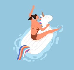 Aufkleber - Happy woman having fun and floating on rubber ring in pool on summer holidays. Person swimming on inflatable beach funny unicorn in water with pleasure and joy. Colored flat vector illustration