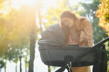 Happy Young Mother With Baby In Buggy Walking In Autumn Park