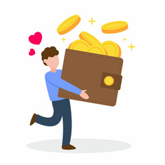 Happy man carry a big money wallet or purse with golden coins. Creative finance concept of savings, rich or wealth. Simple trendy cute cartoon vector illustration. Flat style graphic design element.