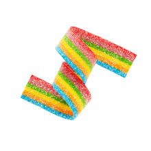 Rainbow Sour Jelly Candy Strip In Sugar Sprinkles Isolated Over White Background