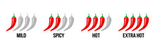 Chili Spicy Meter - Product Spicy Degree Symbols. Paprika Hot Meter Sign For Label Of Product. Vector Spicy Food Mild And Extra Hot Sauce, Chili Pepper Red Icons.