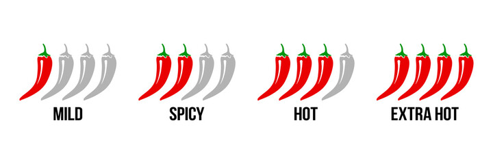 Chili spicy meter - product spicy degree symbols. Paprika hot meter sign for label of product. Vector spicy food mild and extra hot sauce, chili pepper red icons.