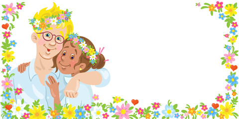 Sticker - Young happy couple in flower wreaths. A man and a woman are hugging. Banner in cartoon style. Invitation card for a wedding, anniversary. Place for your text. Isolated on white. Vector illustration.