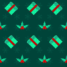 Green Snowflake Pattern Background Decorated With Gift Boxes And Holly Berries.