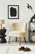 © FollowTheFlow - Stylish interior design  composition of living room with mock up poster frame, fluffy armchair, coffee table, commode and personal accessories. Modern classic style. Template.