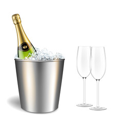 Wall Mural - Champagne bottle with ice and transparent glasses, isolated on white background.