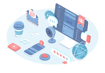 Wall Mural - Social media concept. Content marketing, social network monitoring, internet promotion. Vector illustration in 3d design. Isometric web banner.
