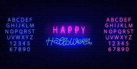 Wall Mural - Happy Halloween inscription and two neon alphabet. Scary card. Holiday banner. Isolated vector stock illustration