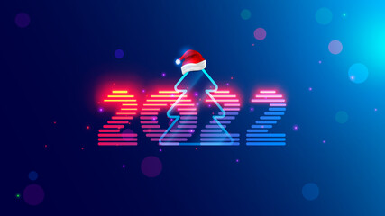 Aufkleber - 2022 new year. Christmas tree with digital number year in neon light. Celebration banner in computer cyberpunk technology style. Christmas party event poster in tech cyber decoration. 2022 on blue.