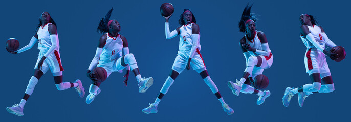 Collage of sportive african-american female basketball player in motion and action in neon light on blue background. Concept of professional sport