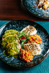 Wall Mural - meat and vegetables on a plate. menu. top view
