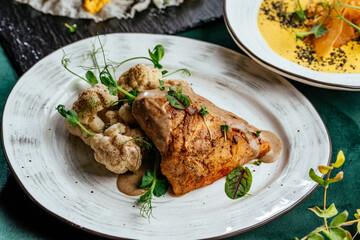 Wall Mural - meat and vegetables on a plate. menu. top view