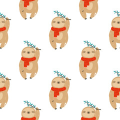 Wall Mural - Colorful seamless patterns with cute sloths in winter clothing