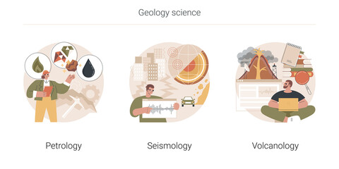 Poster - geology science abstract concept vector illustration set. petrology, seismology and volcanology, min