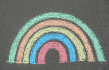 Poster - Child's chalk drawing of rainbow on asphalt, top view