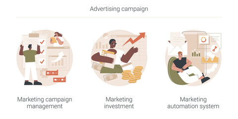 Poster - Advertising campaign abstract concept vector illustration set. Marketing campaign management and investment, automation system, crm software, social media metrics, online platform abstract metaphor.