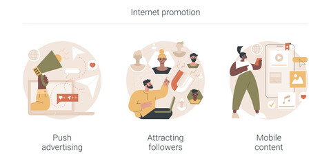 Poster - Internet promotion abstract concept vector illustration set. Push advertising, attracting followers, mobile content, follow social media page, digital marketing strategy, promotion abstract metaphor.