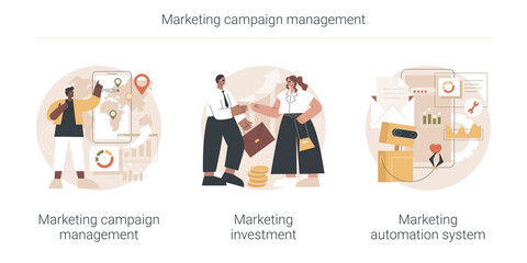 Poster - Marketing campaign management abstract concept vector illustration set. Investment and system automation, tracking and analysis, social media metrics, online platform dashboard abstract metaphor.