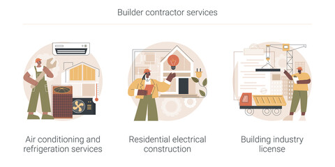 Builder contractor services abstract concept vector illustration set. Air conditioning and refrigeration services, residential electrical construction, building industry license abstract metaphor.