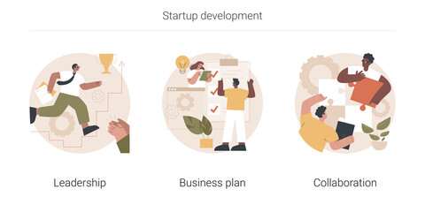 Poster - Startup development abstract concept vector illustration set. Leadership and business plan, collaboration, mutual assistance, managing skills, effective communication, entrepreneur abstract metaphor.
