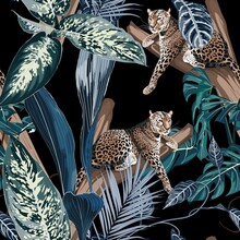 Colorful Floral Night Pattern With Tiger Leopard Sleeping On The Tree And Exotic Tropical Leaves Illustration. Fashion Ornament On Black Background.