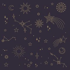 Wall Mural - Stars, moons and constellations. Linear design astrology elements. Seamless pattern of celestial space background.
