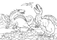 Dinosaur Fight.
Children's Coloring. Prehistoric Landscape. Beautiful Picture For Coloring. Jurassic Park. Children's Rest. Coloring Book