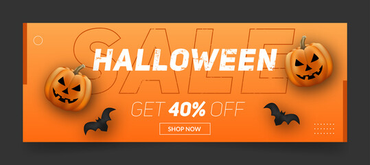 Wall Mural - halloween sale facebook cover page timeline, web ad banner template with pumpkins and bats on orange