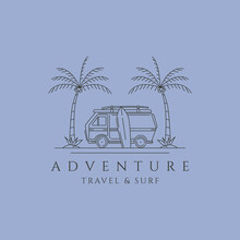 Adventure Camper Van And Surf Line Art Illustration Logo Design